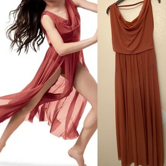 Weissman Balera Dance Costume DOUBLE COWL MESH MAXI DRESS D10454 orange adult SA - Picture 1 of 12